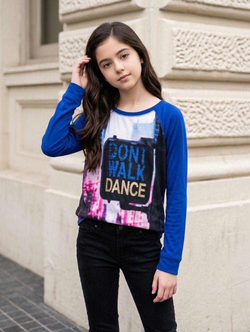 Justice Girls 12 Blue Glitter Dance Top Long Sleeve Knit Sweater Graphic Tee